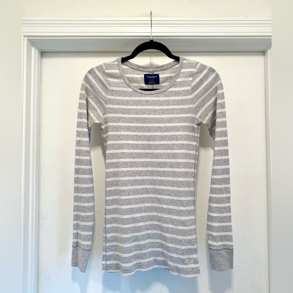 Y2K American Eagle Slim Long Sleeve Striped Shirt Medium Bella Swan grey Preppy